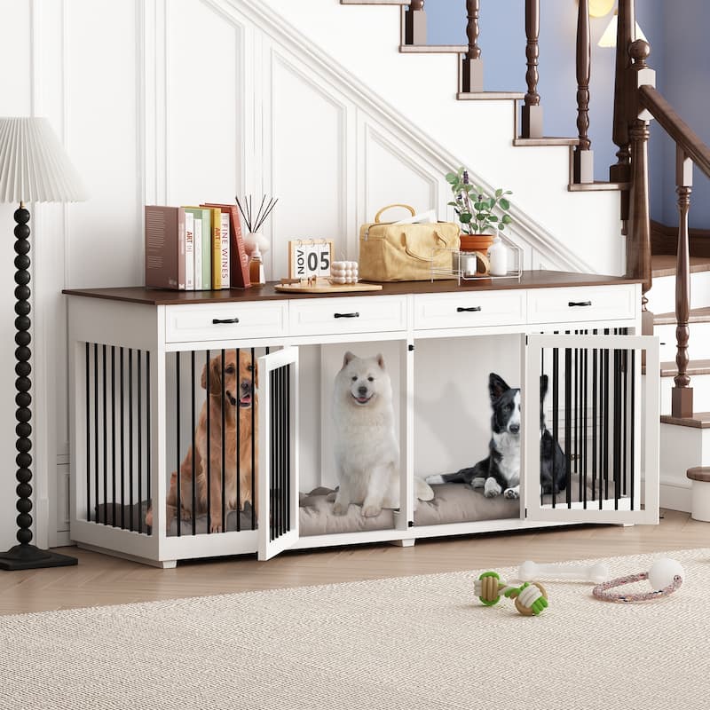 Wooden Dog Crate Kennel Furniture for 2 Dogs with Divider & Drawers