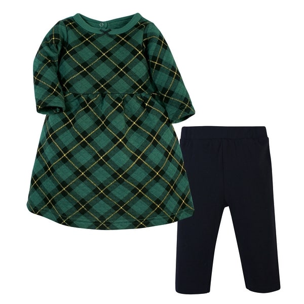 slide 1 of 1, Hudson Baby Toddler Girl Quilted Cotton Dress and Leggings, Forest Green Plaid 2T - Forest Green Plaid
