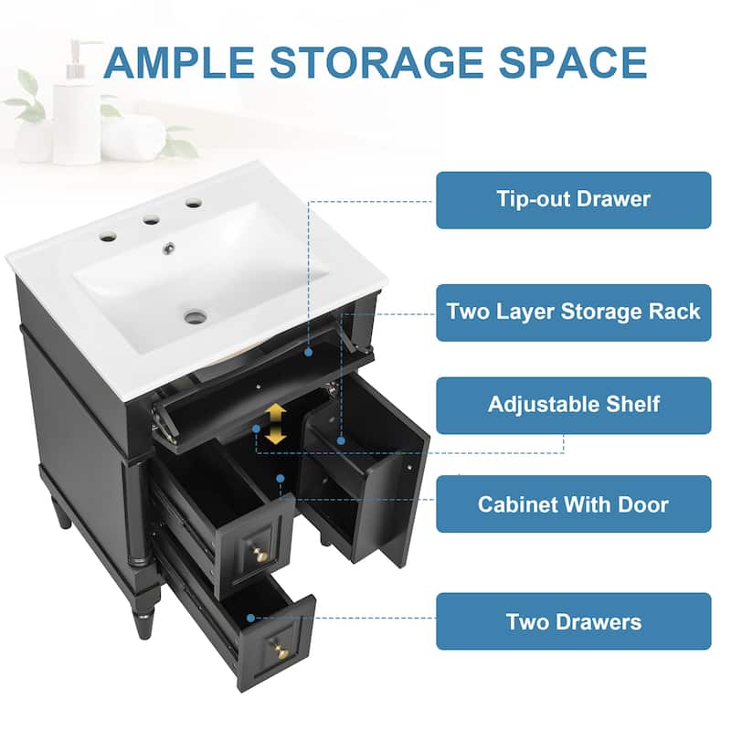 24" Freestanding Bathroom Vanity with Ceramic Sink, Solid Rubberwood Frame, Flip Drawer & Adjustable Shelf