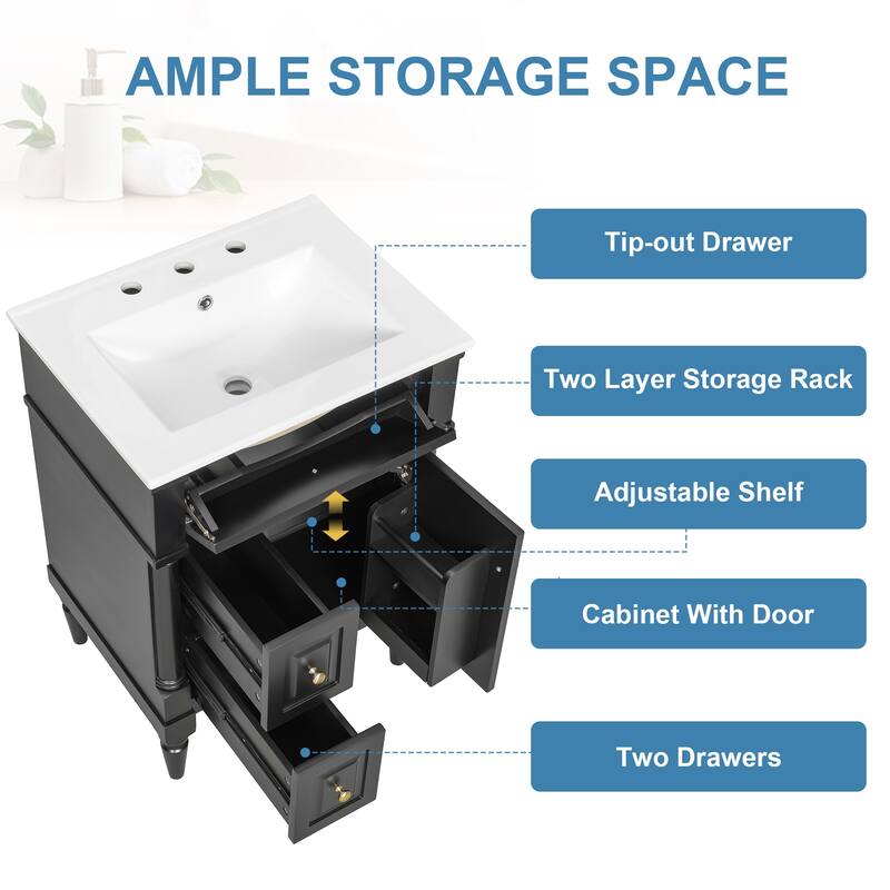Roomfitters 24" Bathroom Vanity with Sink, Solid Wood Frame, Flip Drawer, 2 Drawers & Door Rack