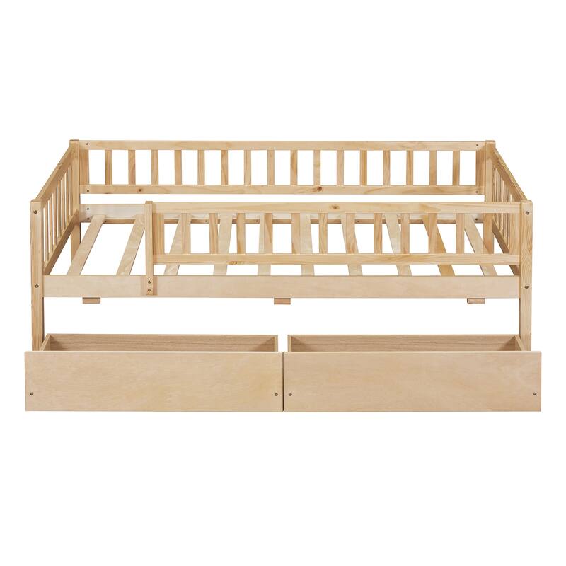 Twin Size Daybed Wood Storage Bed with Pull-out Drawers and Fence