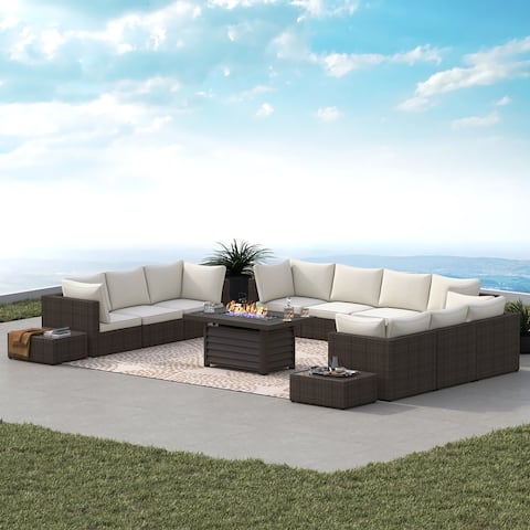 Corvus Kipling 13-piece Wicker Patio Sectional Deep Seating Set with Fire Pit