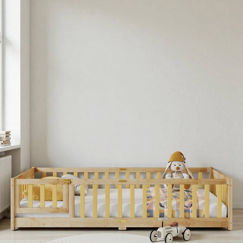 Twin Size Rubber Wood Floor Bed with Fence and Door, Montessori Platform Bed with Safety Guardrails for Kids