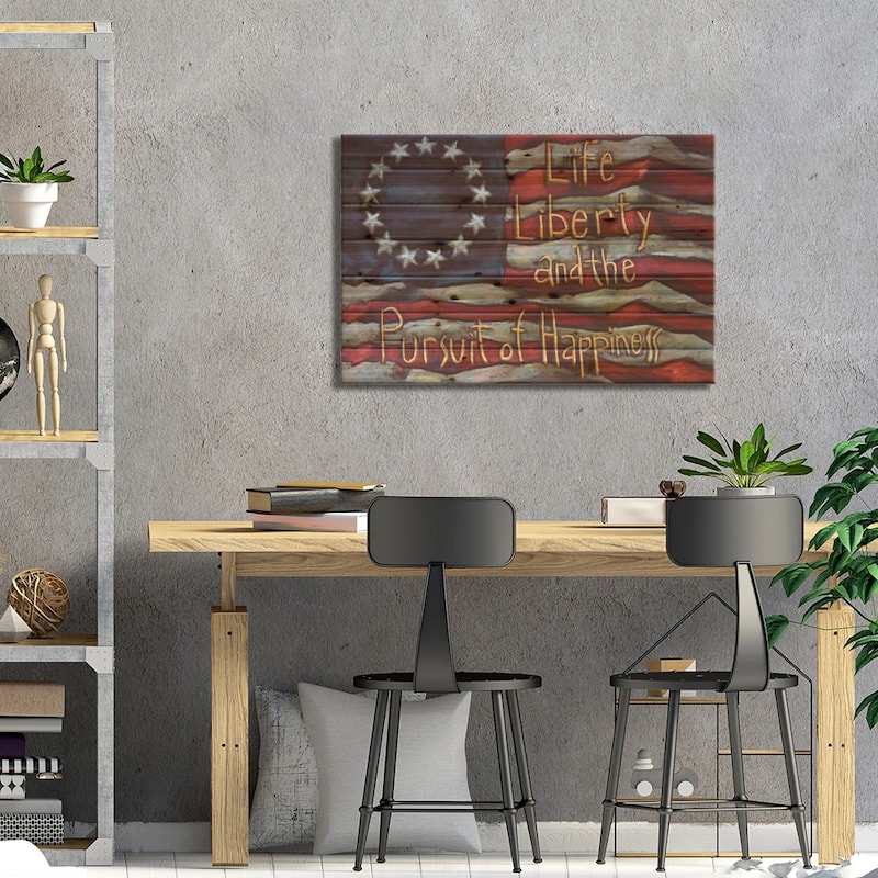 American Flag - Life Liberty And The Pursuit Of Happiness Print On Wood by David Hinds - Multi-Color