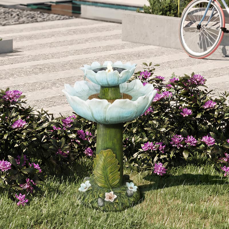 Solar Powered Blue Flower 2-Tier Resin Birdbath Fountain with Lights