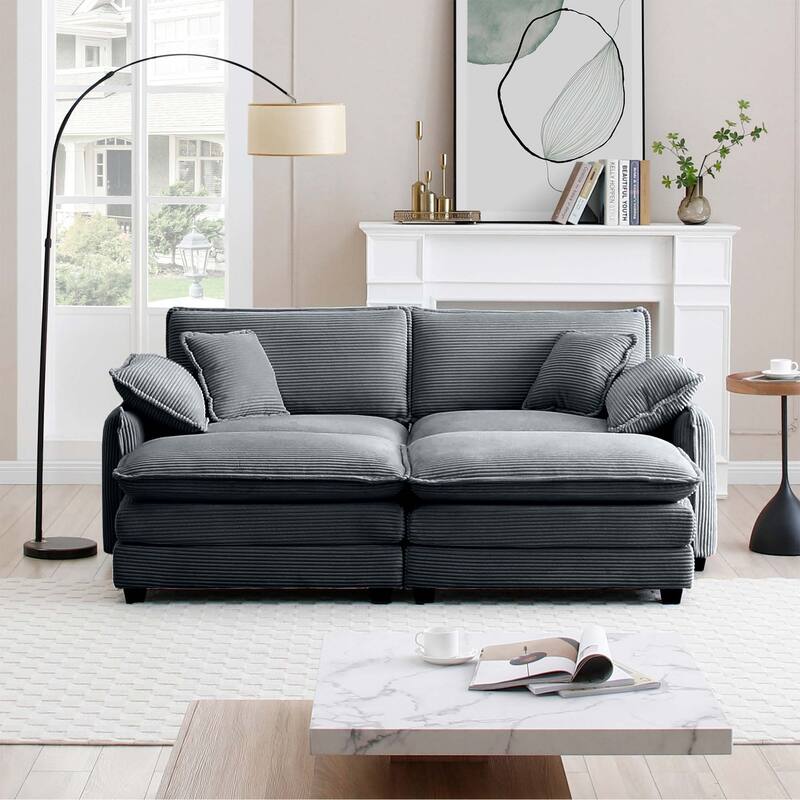 4-Piece Corduroy Modular Sleeper Sectional Sofa with 2 Ottomans & 4 Pillows