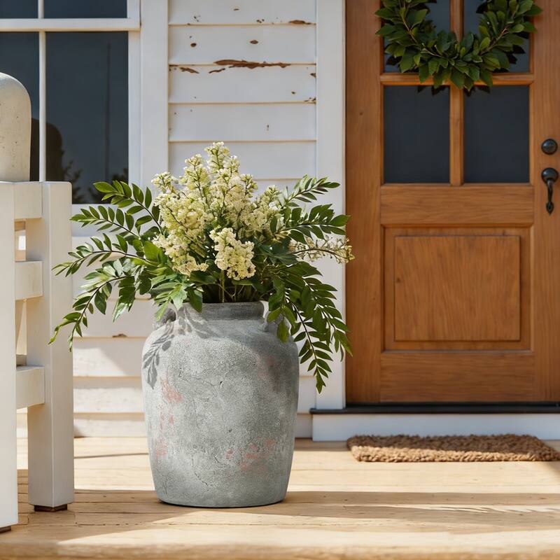 Rustic Old-World Gray & Brown 13.4" Tall Round Terracotta Vase with Handles