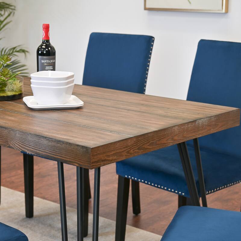 Rectangular Dining Table and Chair Sets with Chrome Nailhead Trim Chairs and Metal Hairpin Legs for Living Room Kitchen