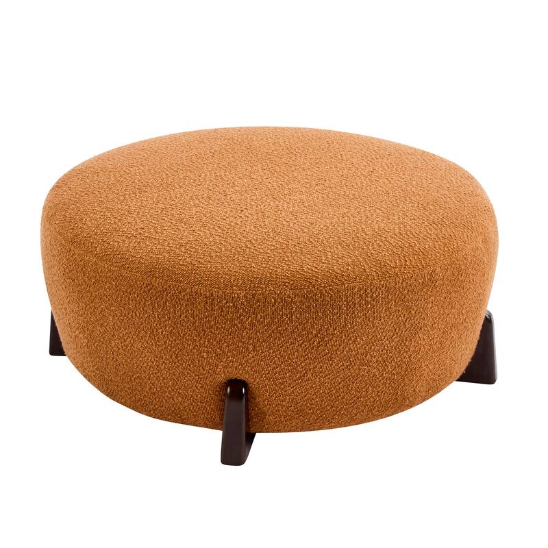 Roomfitters Round Boucle Ottoman with Splayed Rubber Wood Legs