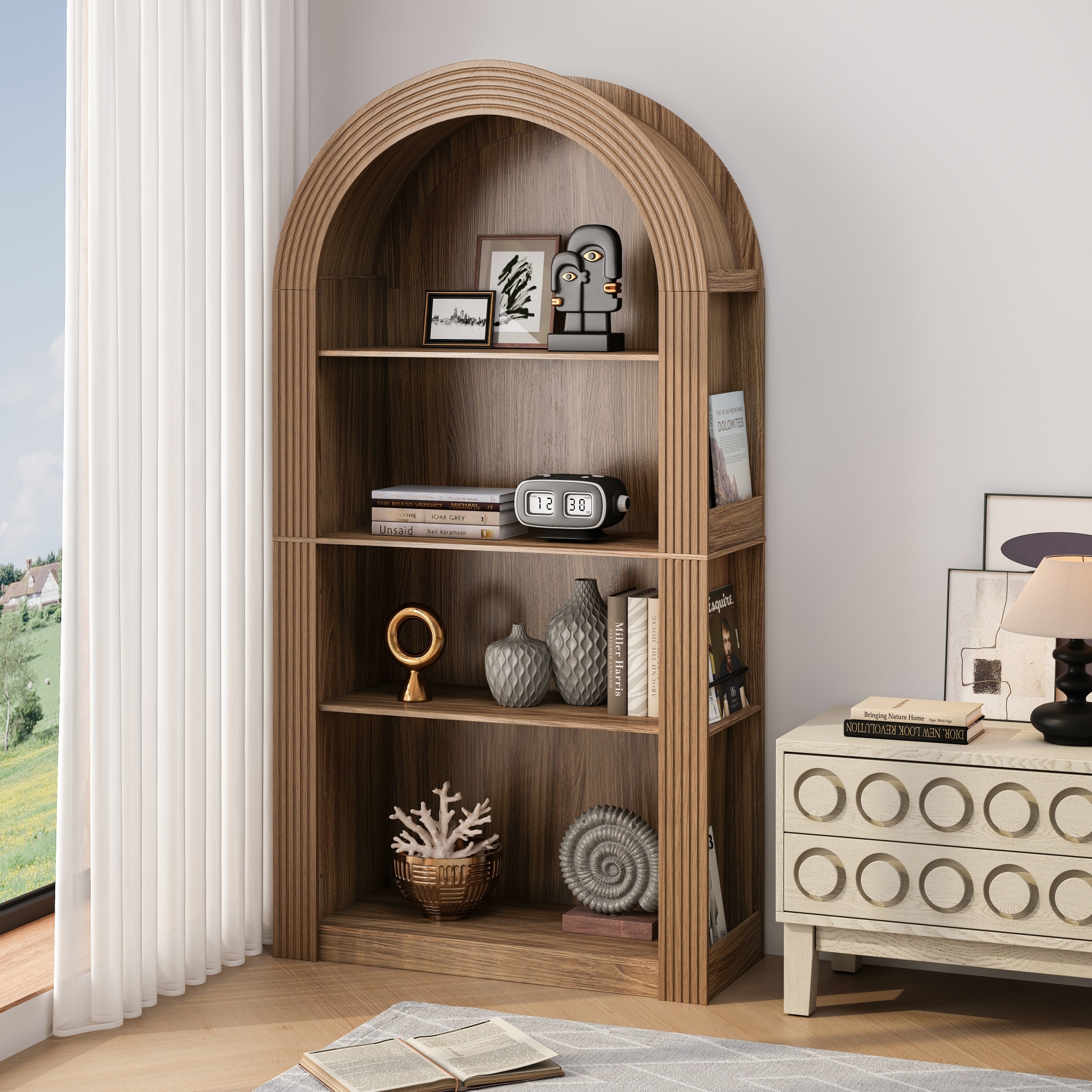 78.74" Tall Arched Bookcase, Mid Century Modern 4-Tier Arched Storage Bookcase