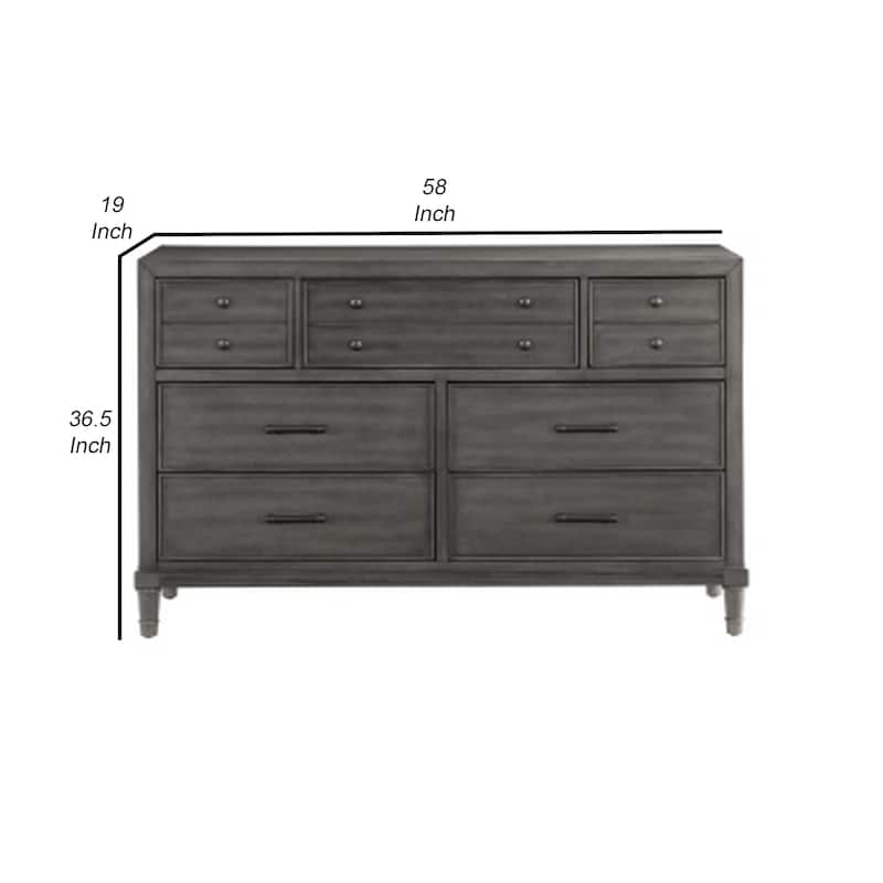 Ceila 58 Inch Wide 7 Drawer Dresser, Twin Knobs, Round Tapered Legs, Gray