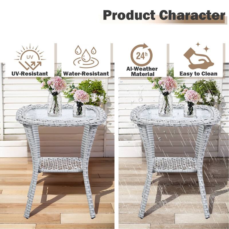 Patio Rattan Wicker Coffee Table with Tempered Glass Top