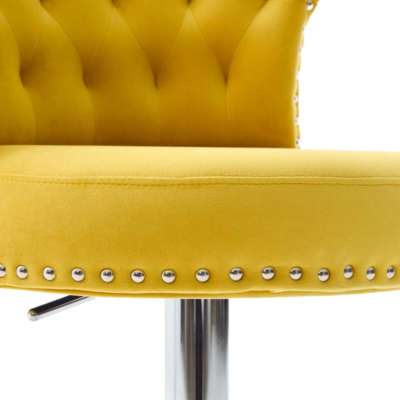 Velvet Upholstered Bar Stool Set of 2, Adjusatble Height Swivel Bar Stools, Dining Chairs with Curved Backrest & Footrest