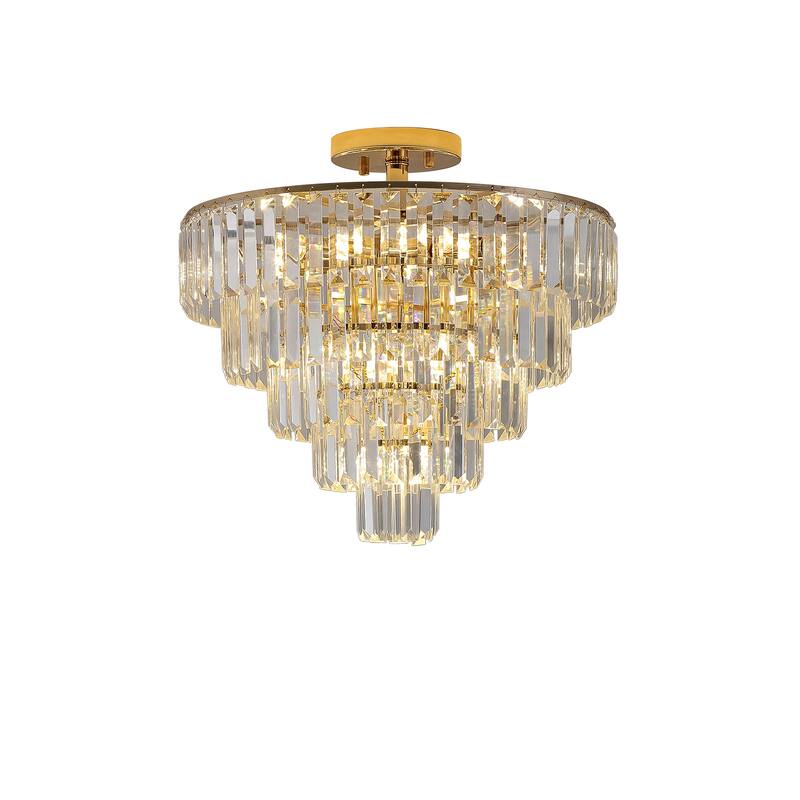 Gold Crystal Chandeliers,5-Tier Round Semi Flush Mount Chandelier Light Fixture, Luxury Ceiling Lighting for Living Room Dining