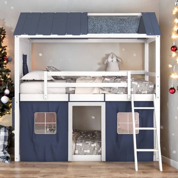 slide 2 of 38, Full Size Bunk Wood House Bed with Elegant Windows, Sills and Tent White+Blue