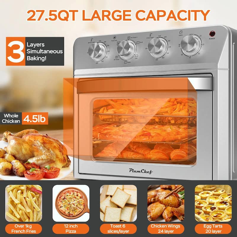 Plum Chef Air Fryer Oven 27.5QT, 6-in-1 Countertop Oven - Air Fry, Bake, Broil, Toast, Warm, Dehydrate, 4 Knob Control, 1600W