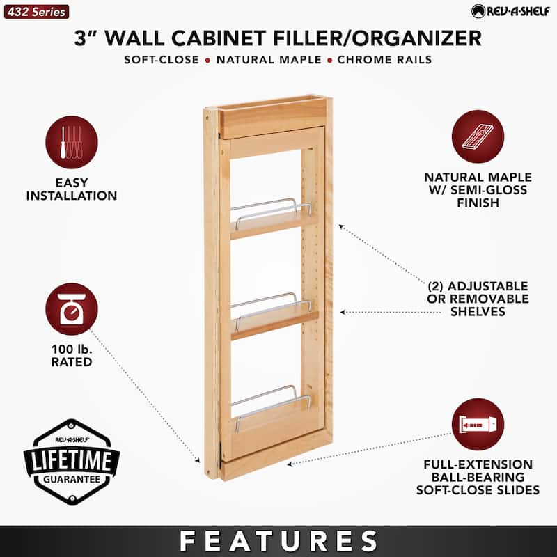 Rev-A-Shelf 3" Pullout Wall Filler w/ Soft-close, 30" Height, 432-WFBBSC30-3C