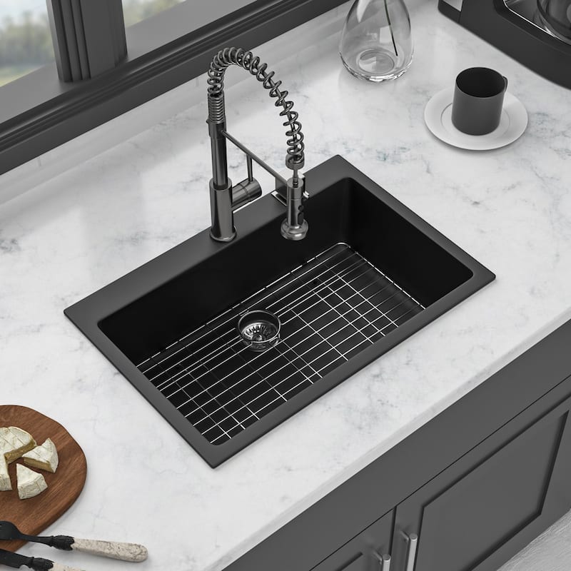 33" Drop-In Single Bowl Quartz Kitchen Sink in Black - 33'' x 19'' x 9.65''