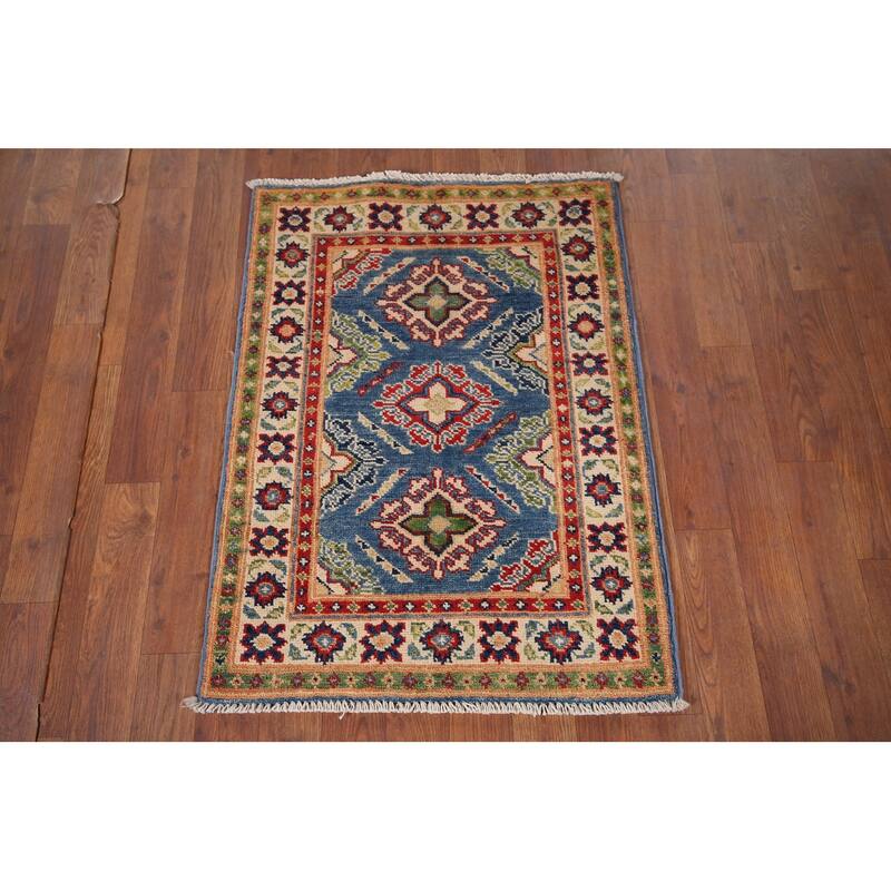 Blue Geometric Kazak Rug Handmade Oriental Wool Carpet - 2'1" x 2'10"