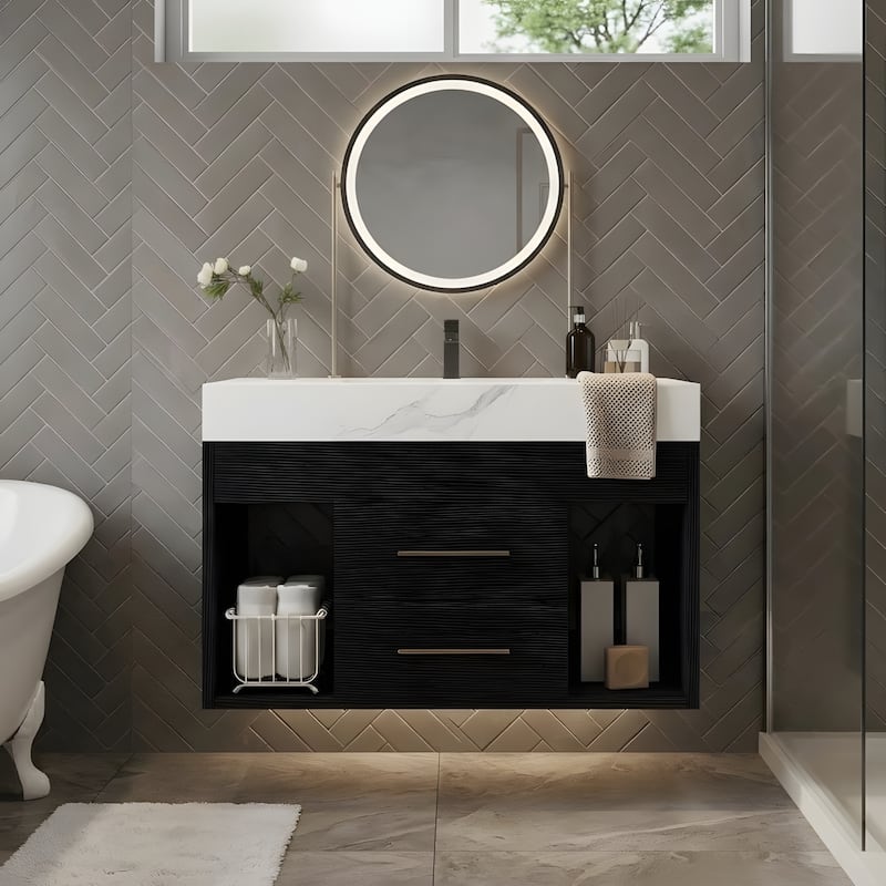 29.9-inch floating bathroom vanity with sintered stone countertop and ceramic undermount sink