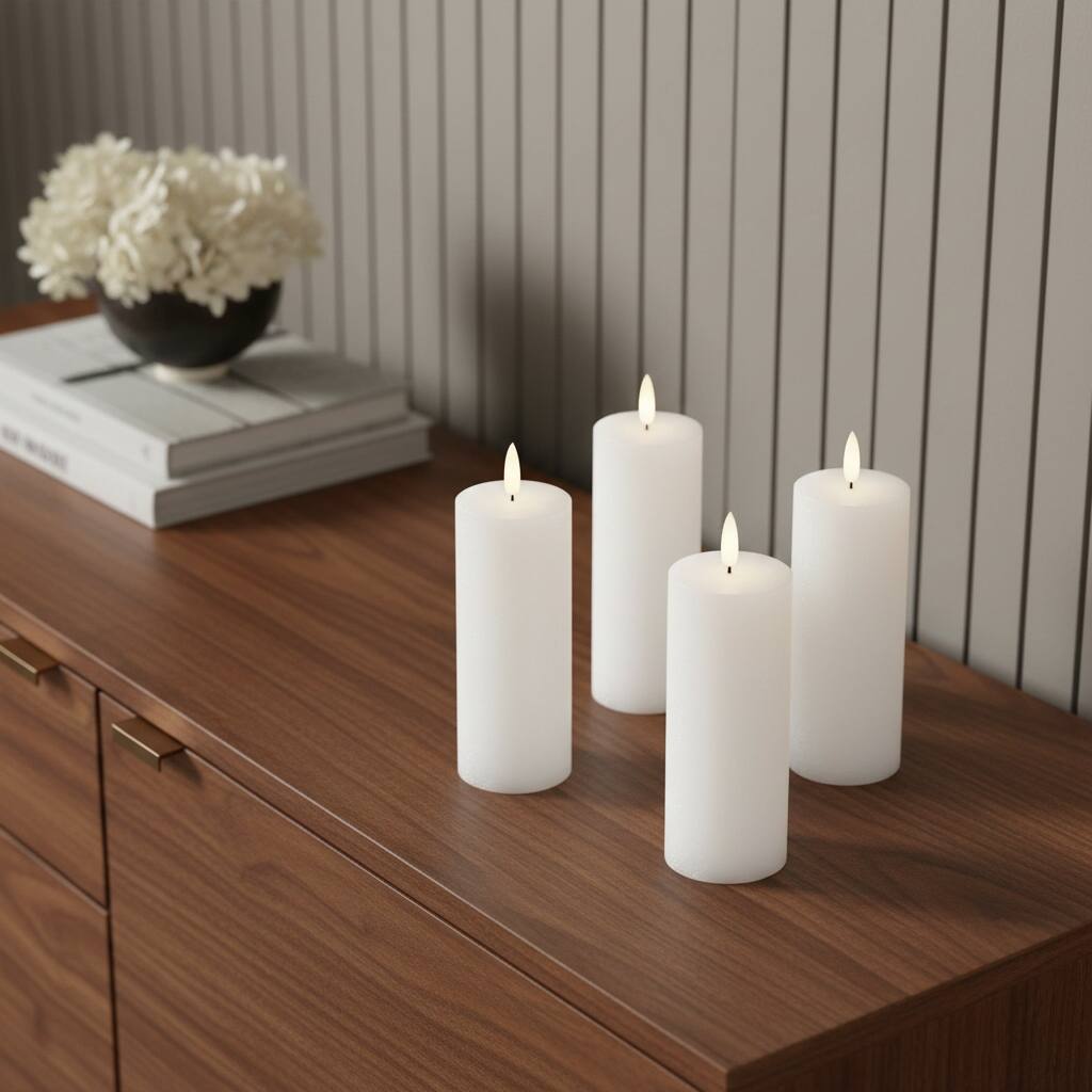 Set of Four White Flameless Pillar Candles