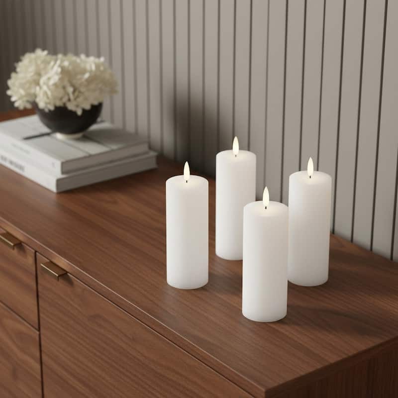 Set of Four White Flameless Pillar Candles - White