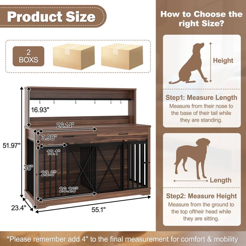 55.1" Dog Crate Furniture, Dog Cage Table with 2 Storage Drawers and Shelves, TV Stand Side End Table