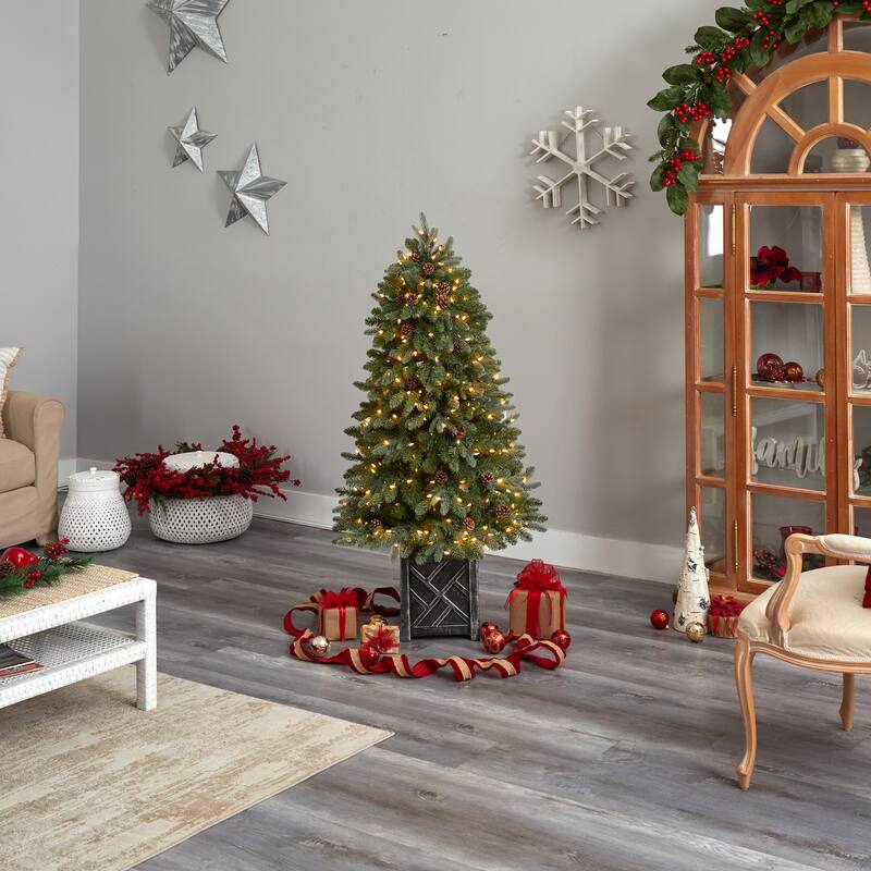 5Ft Flocked Artificial Christmas Tree with Lights - Holiday Decor, Pine Tree, Festive Tree, Indoor Tree - Green - 60
