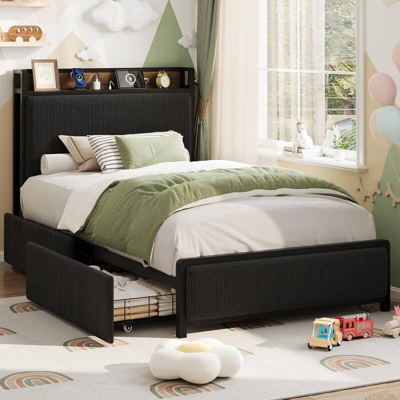 Twin XL Size Platform Bed Frame with 2 Storage Drawers and Charging Station - Black