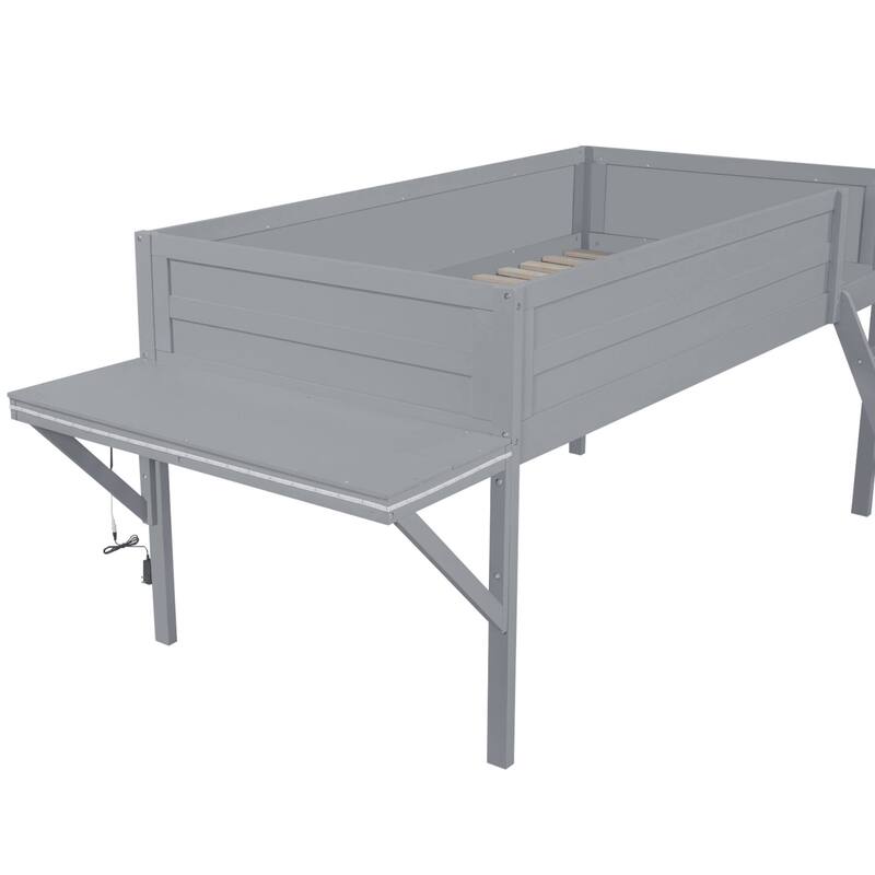 Roomfitters Wood Twin/Full Gaming Loft Bed with Desk and Lighting, Grey