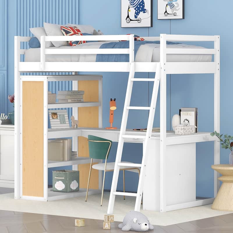 Twin Size Loft Bed with Ladder, Shelves, and Desk, White - White