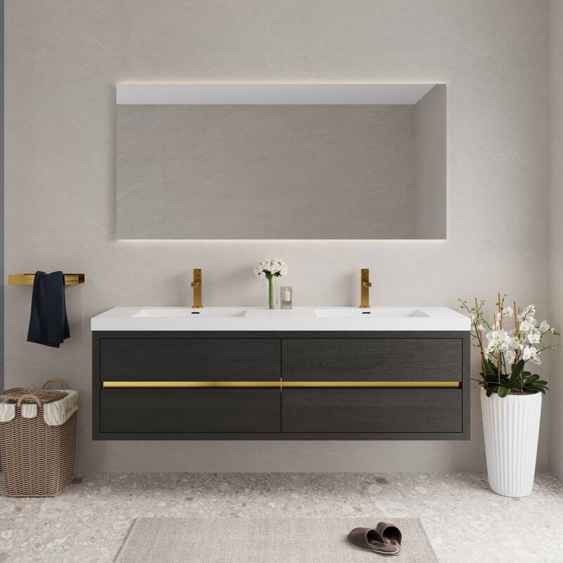 GDFStudio - Bennett 72-Inch Floating Bathroom Vanity with Stone Resin Basin and Soft-Close Storage Drawers - Espresso
