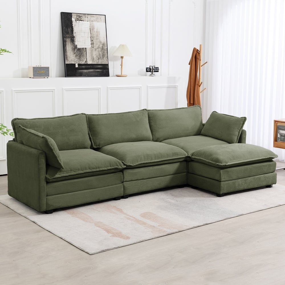 3-Seat Corduroy Modular Sofa with an Independent Removable Ottoman for Living Room or Business