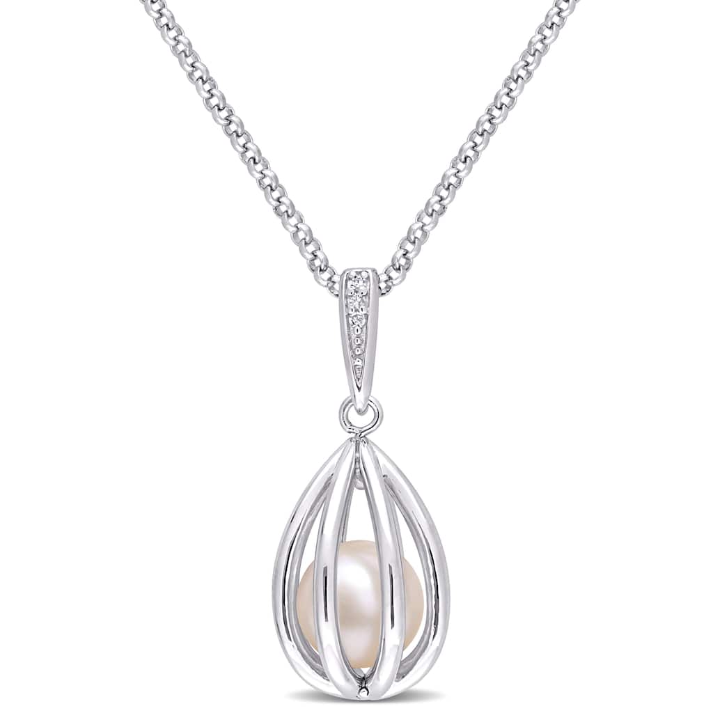 Miadora Cultured Freshwater Pearl and Diamond Accent Cage Drop Necklace in Sterling Silver (8-8.5mm)