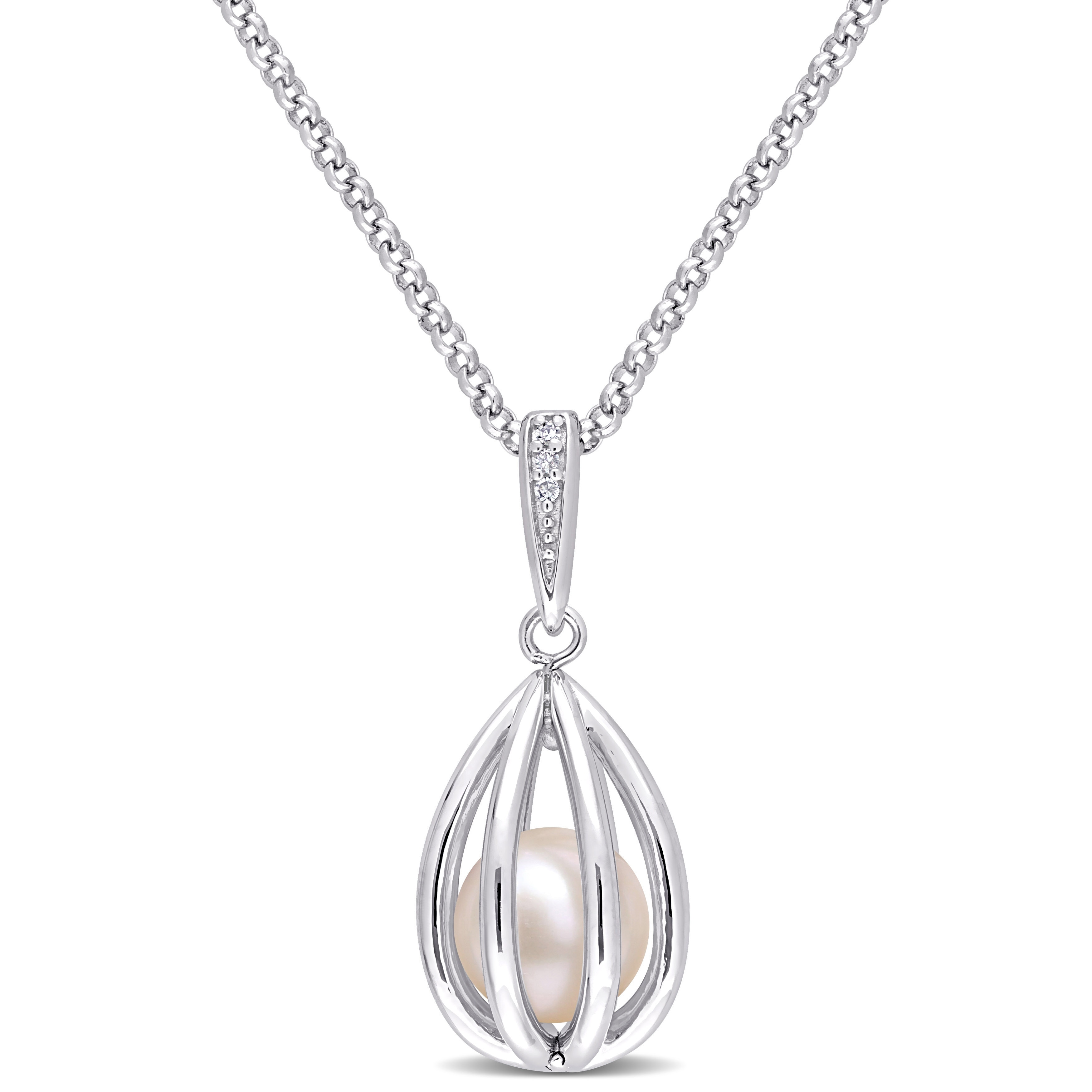 Miadora Cultured Freshwater Pearl and Diamond Accent Cage Drop Necklace in Sterling Silver (8-8.5mm)