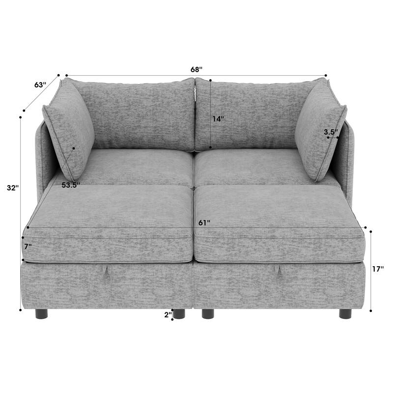 Modular Sectional Sofa 2-Seater Sofa Couch with Ottoman, Living Room Lounge Sofa Loveseat with Storage