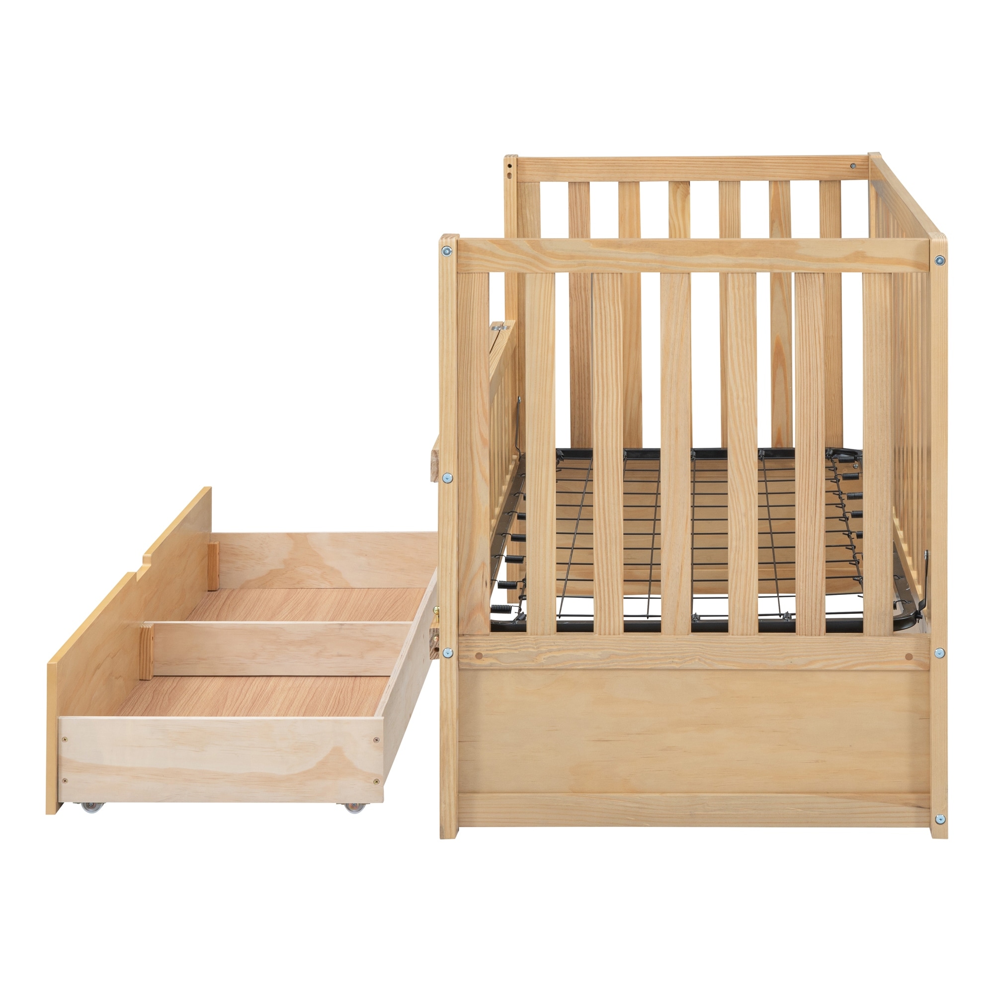 Natural Crib Bed with Drawers and 3 Height Options Safety Guard