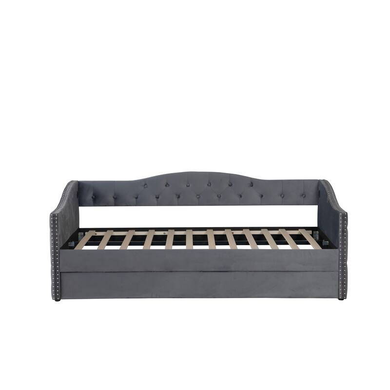 Twin Size Upholstered Daybed with Trundle and USB Charging Design, Sturdy Wood Slat Support, Wood Bed Frame,Plush Velvet Fabric
