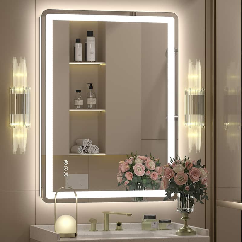 UL Certified Frameless LED Front Light and Backlit 3 Colors Dimmable Anti-Fog Wall Bathroom Vanity Mirror - 60" x 30"-Rounded Corner