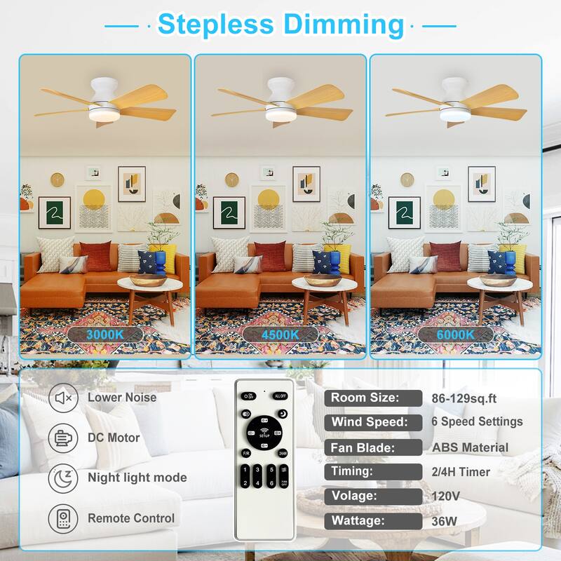 42/35 Inch Low Profile Ceiling Fan with Light: Dimmable, Remote Control, 6-Speed, 5 Blades