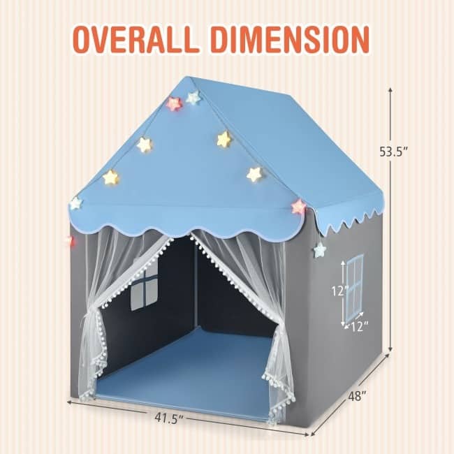 Kids Playhouse Tent with Star Lights and Mat-Blue - 41.5" x 48" x 53.5" (L x W x H)