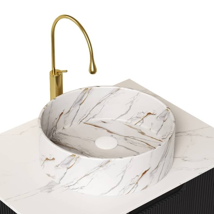 14" Bathroom Round Ceramic Sink with Stone Pattern, No Faucet