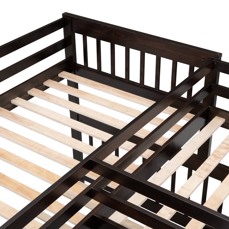 L-Shaped Bunk Bed with Storage Stairs, Fold Desk, Wardrobe, Twin - Twin Over Full Bed with Pull-out Underneath Storage Drawers