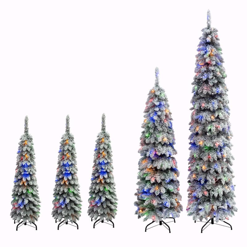 8FT,6FT,4FT x 3 Pre-Lit Pencil Christmas Trees, 5-set Slim Artificial Christmas Tree With Snow Flocking, with 11 Lighting Modes