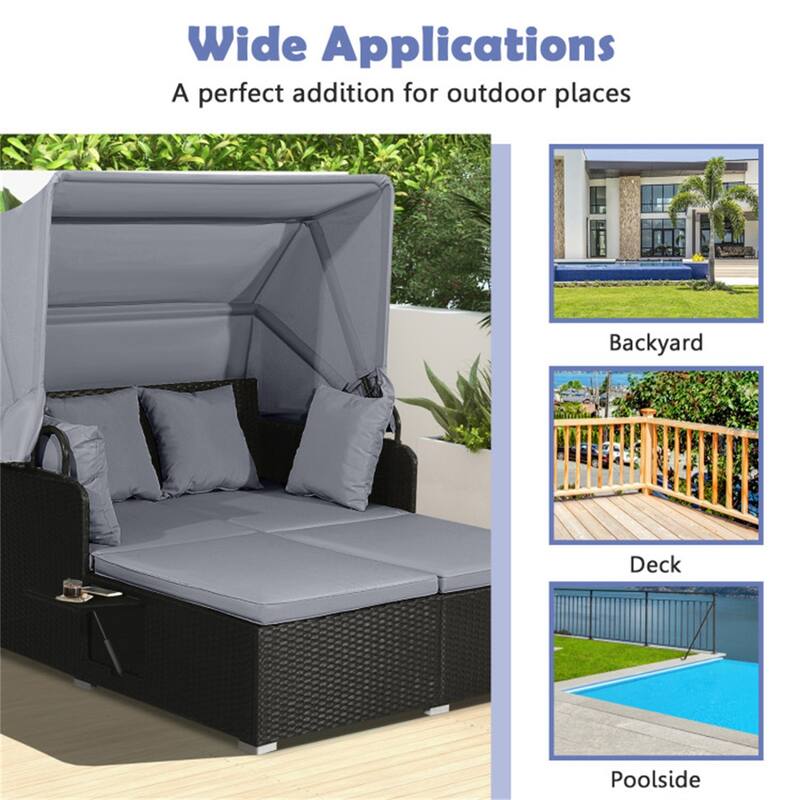 Rattan Daybed Lounge with Retractable Canopy and Side Tables - 65" x 60.5 x 58.5"