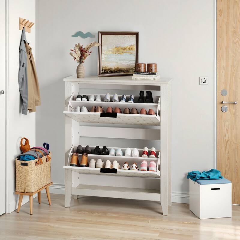 Retro White Shoe Storage Cabinet with 2 Flip Drawers for Hallway and Entryway