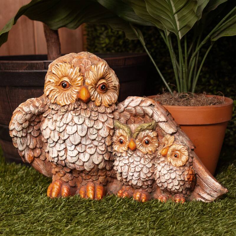 11" Owl Mom Wing Protecting Two Baby Owlettes Statuary