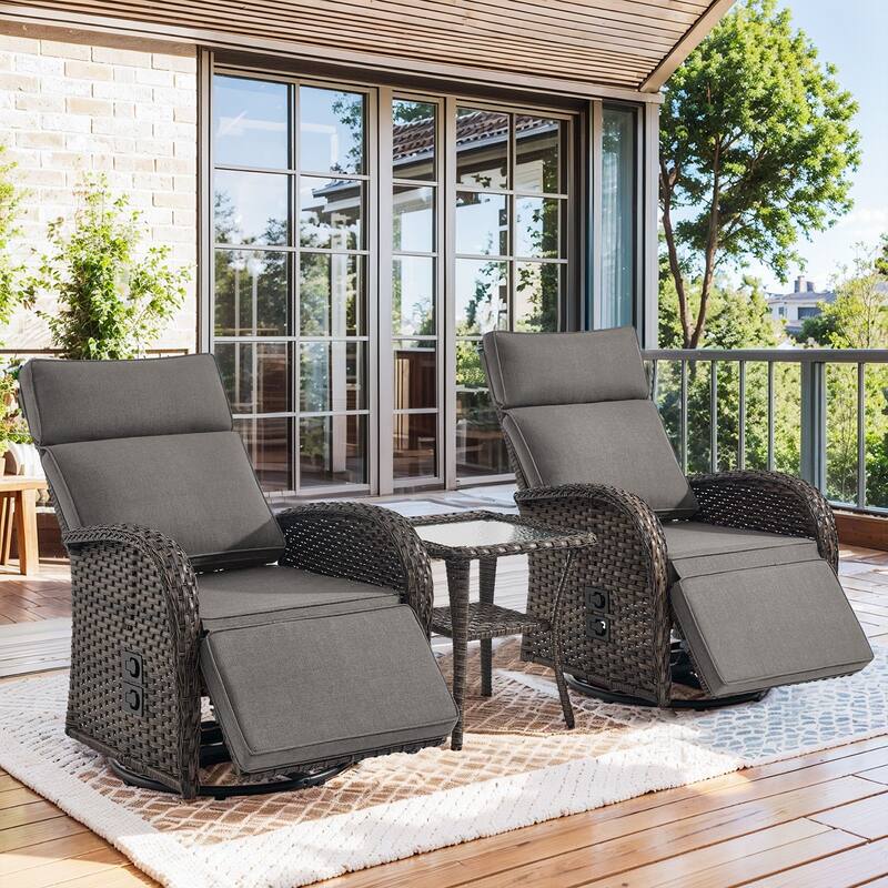 Pocassy Reclining Patio Chair with Adjustable Backrest - Grey Cushion - 2 Swivel Chairs with Table