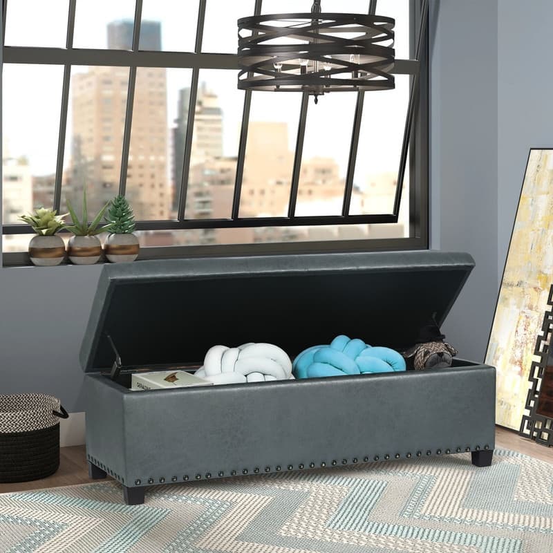 Adeco Storage Ottoman Faux Leather Button Tufted Bench Rectangle Footrest