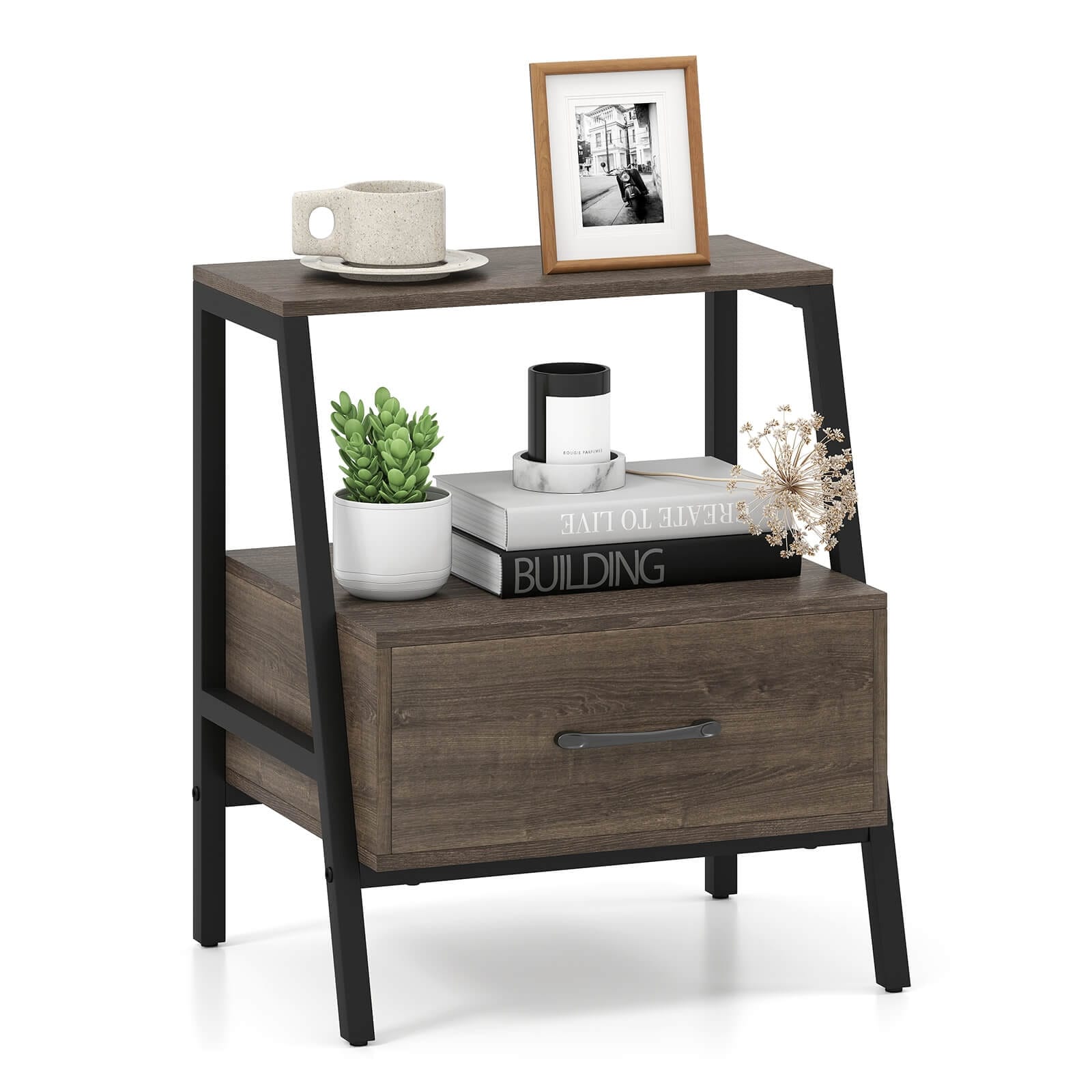 Costway 1/2 PCS Nightstand with Drawer Farmhouse 3-Tier Bedside Table